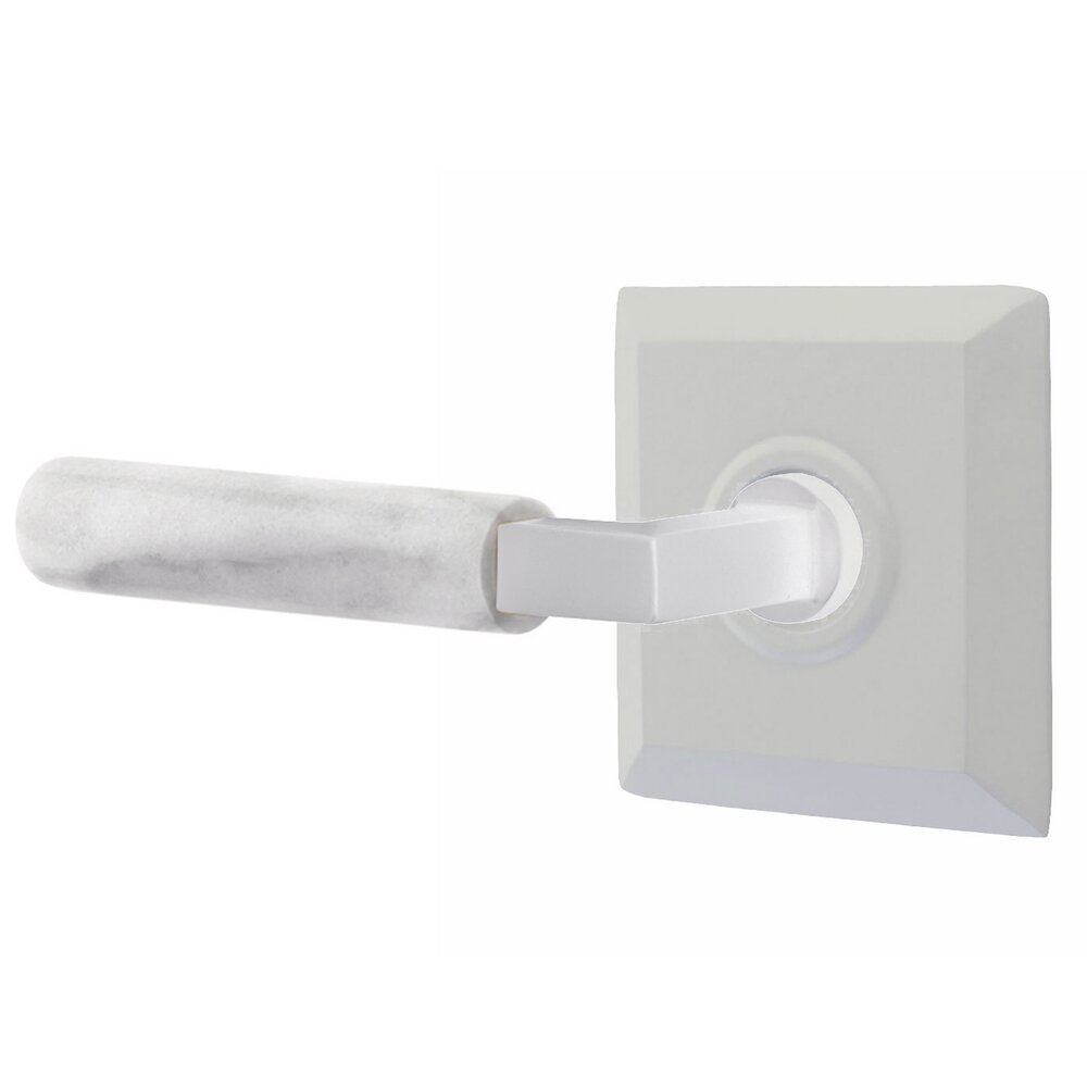 Passage White Marble Left Handed Lever With L-Square Stem And Quincy Rose In Matte White