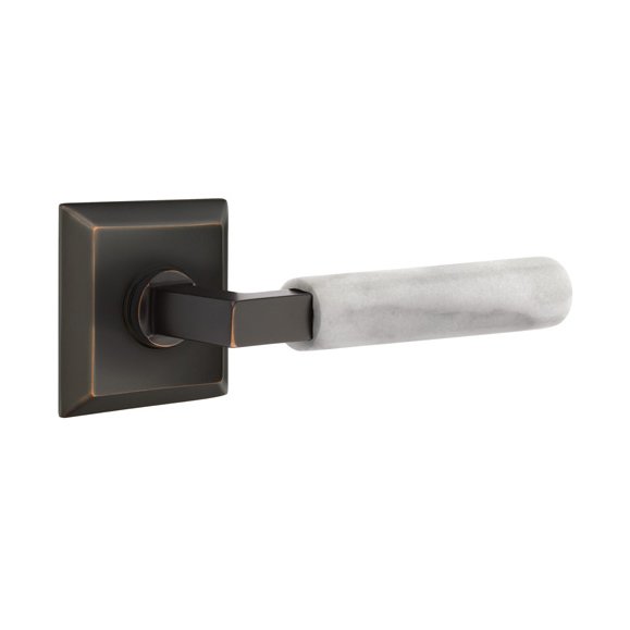 Passage White Marble Left Handed Lever With L-Square Stem And Quincy Rose In Oil Rubbed Bronze