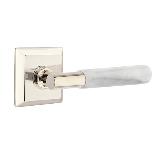 Passage White Marble Lever With T-Bar Stem And Quincy Rose with Concealed Screws In Polished Nickel
