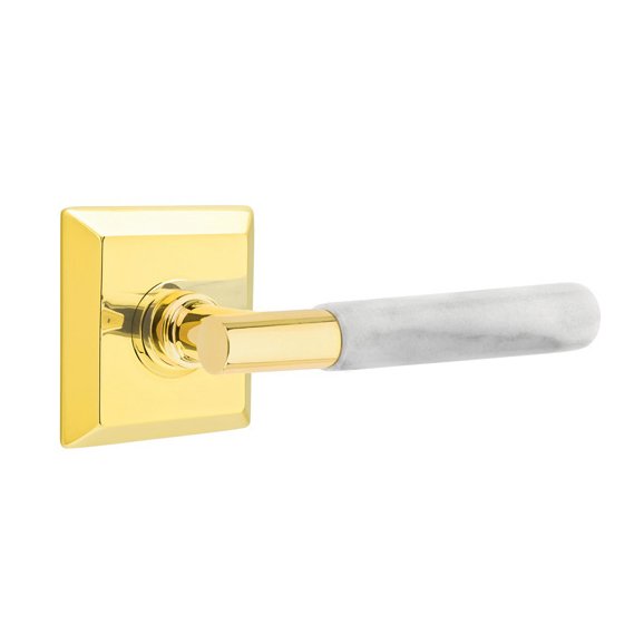 Passage White Marble Left Handed Lever With T-Bar Stem And Quincy Rose In Unlacquered Brass