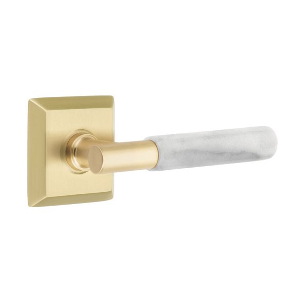 Passage White Marble Lever With T-Bar Stem And Quincy Rose with Concealed Screws In Satin Brass
