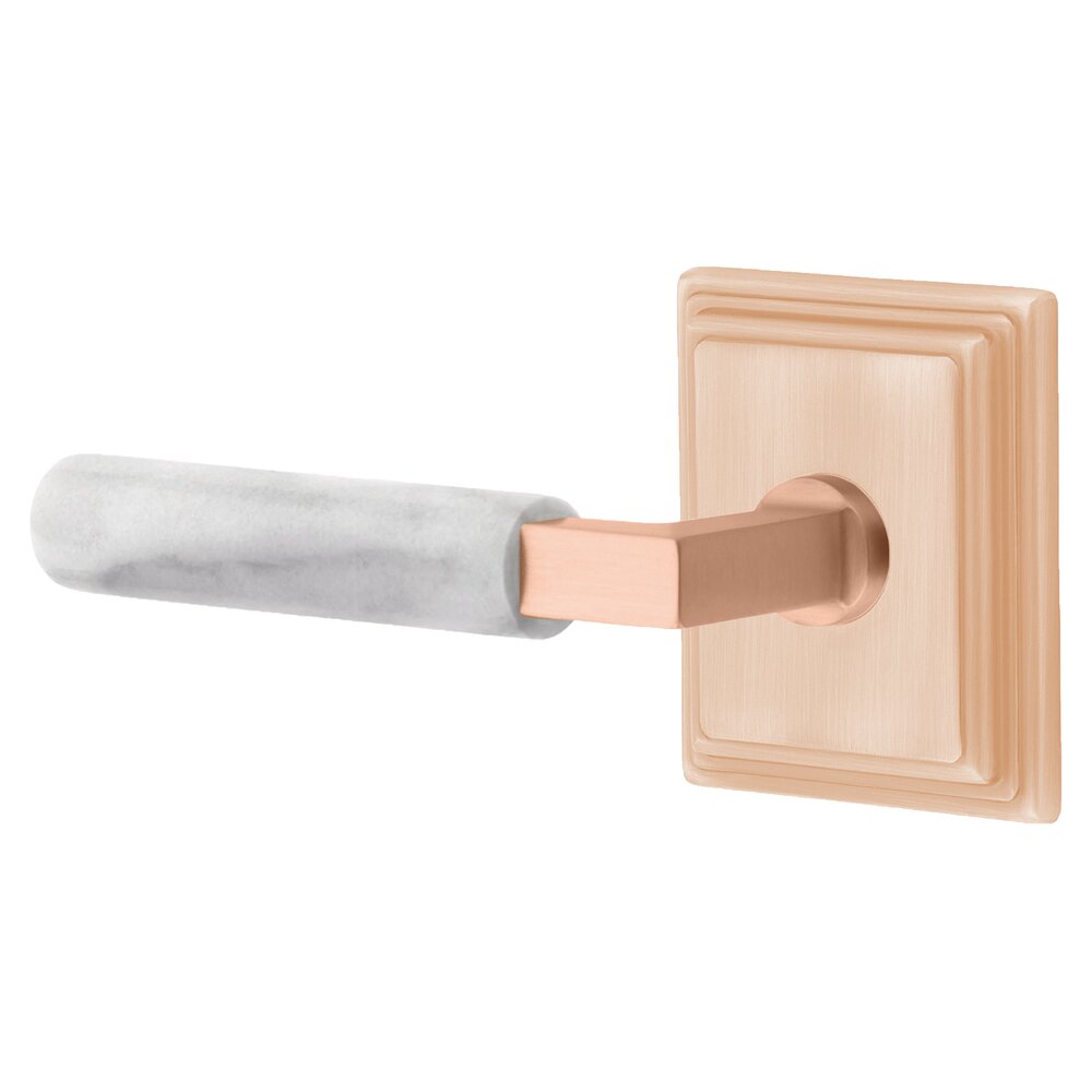 Passage White Marble Left Handed Lever With L-Square Stem And Wilshire Rose In Satin Rose Gold