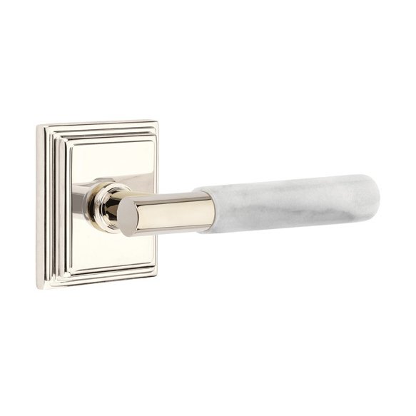 Passage White Marble Lever With T-Bar Stem And Wilshire Rose with Concealed Screws In Polished Nickel