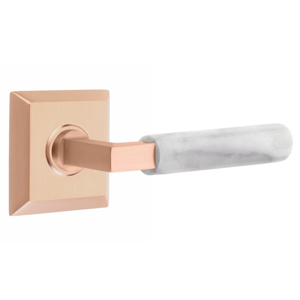 Privacy White Marble Right Handed Lever With L-Square Stem And Quincy Rosette With Concealed Screws In Satin Rose Gold