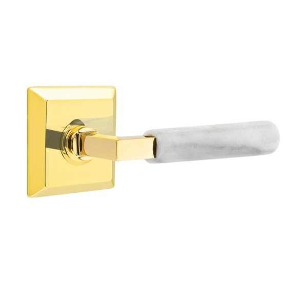 Privacy White Marble Left Handed Lever With L-Square Stem And Quincy Rose In Unlacquered Brass