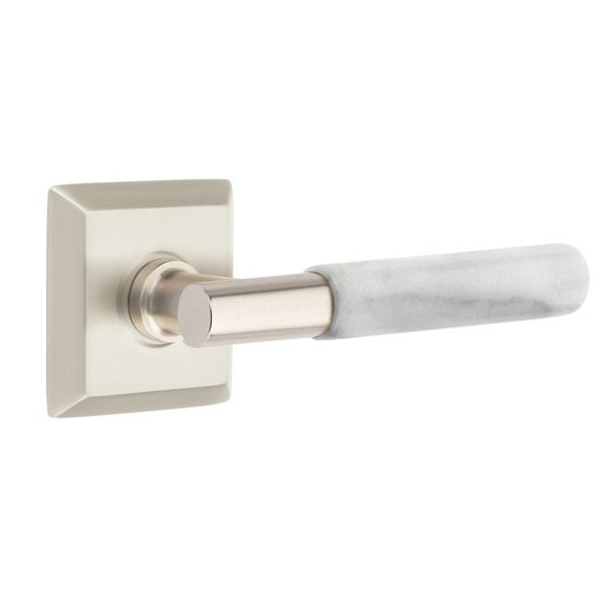 Privacy White Marble Lever With T-Bar Stem And Quincy Rose with Concealed Screws In Satin Nickel