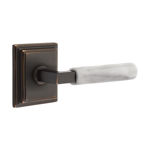 Privacy White Marble Lever With L-Square Stem And Wilshire Rose with Concealed Screws In Oil Rubbed Bronze