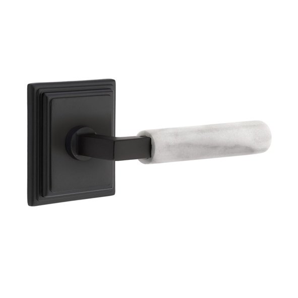 Privacy White Marble Left Handed Lever With L-Square Stem And Wilshire Rose In Flat Black