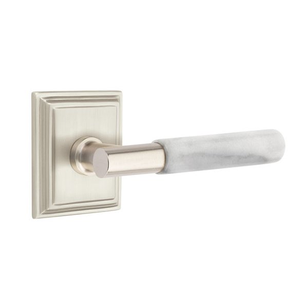Privacy White Marble Lever With T-Bar Stem And Wilshire Rose with Concealed Screws In Satin Nickel