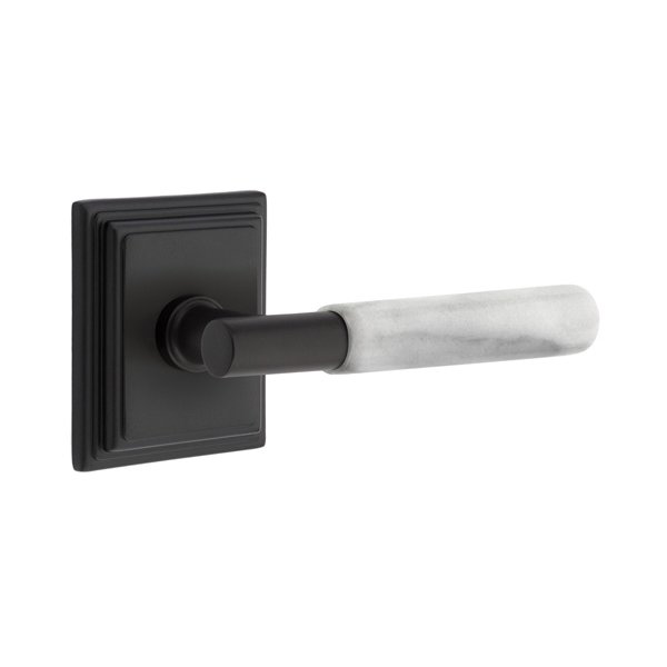 Privacy White Marble Lever With T-Bar Stem And Wilshire Rose with Concealed Screws In Flat Black