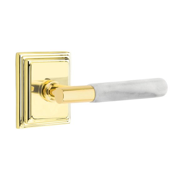 Privacy White Marble Lever With T-Bar Stem And Wilshire Rose with Concealed Screws In Unlacquered Brass