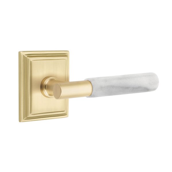 Privacy White Marble Lever With T-Bar Stem And Wilshire Rose with Concealed Screws In Satin Brass