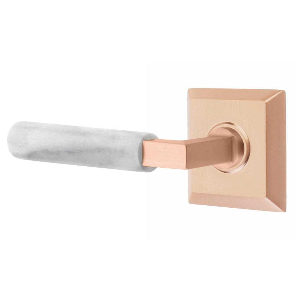 Single Dummy White Marble Left Handed Lever With L-Square Stem And Quincy Rose In Satin Rose Gold