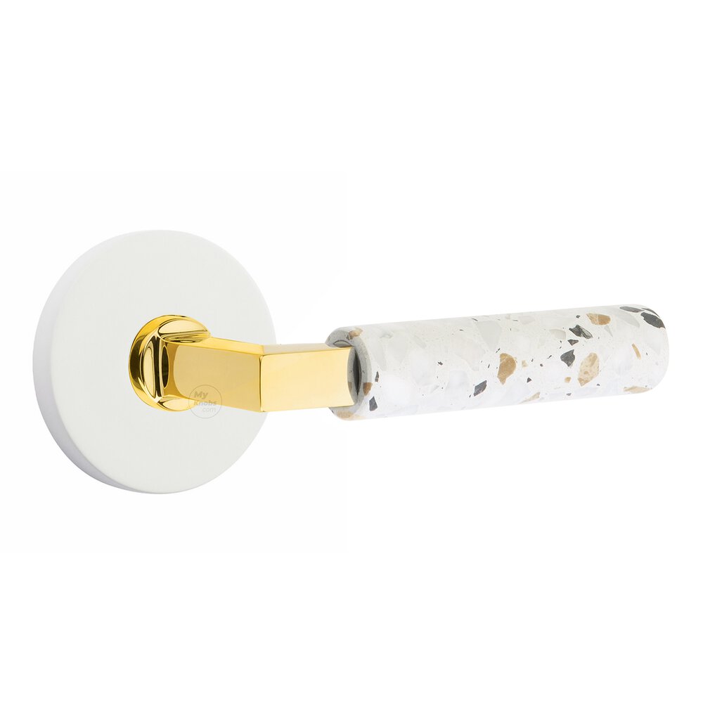Passage Disk Rosette in Matte White and L-Square in Unlacquered Brass Stem with Right Handed Light Terrazzo Lever