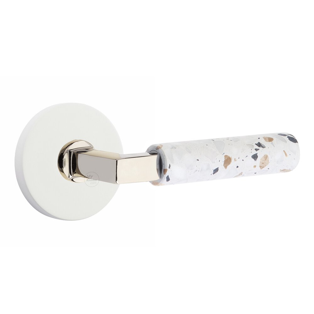 Concealed Privacy Disk Rosette in Matte White and L-Square in Polished Nickel Stem with Reversible Handed Light Terrazzo Lever