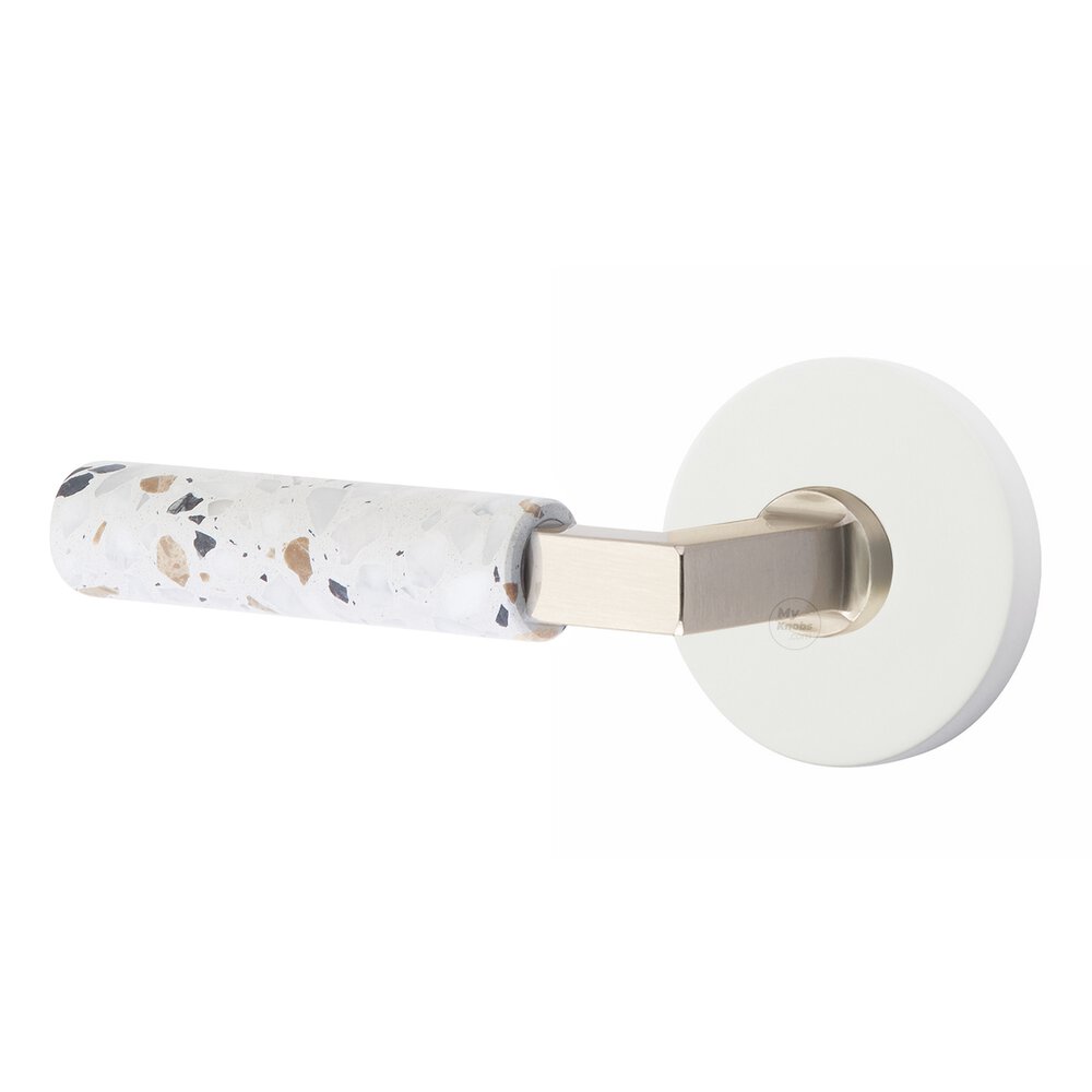 Privacy Disk Rosette in Matte White and L-Square in Satin Nickel Stem with Left Handed Light Terrazzo Lever