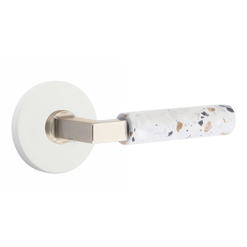 Passage Disk Rosette in Matte White and L-Square in Satin Nickel Stem with Right Handed Light Terrazzo Lever