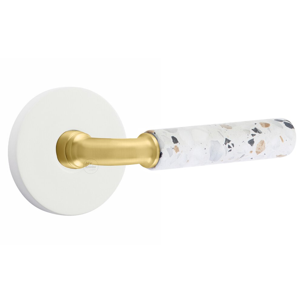 Concealed Passage Disk Rosette in Matte White and R-Bar in Satin Brass Stem with Reversible Handed Light Terrazzo Lever