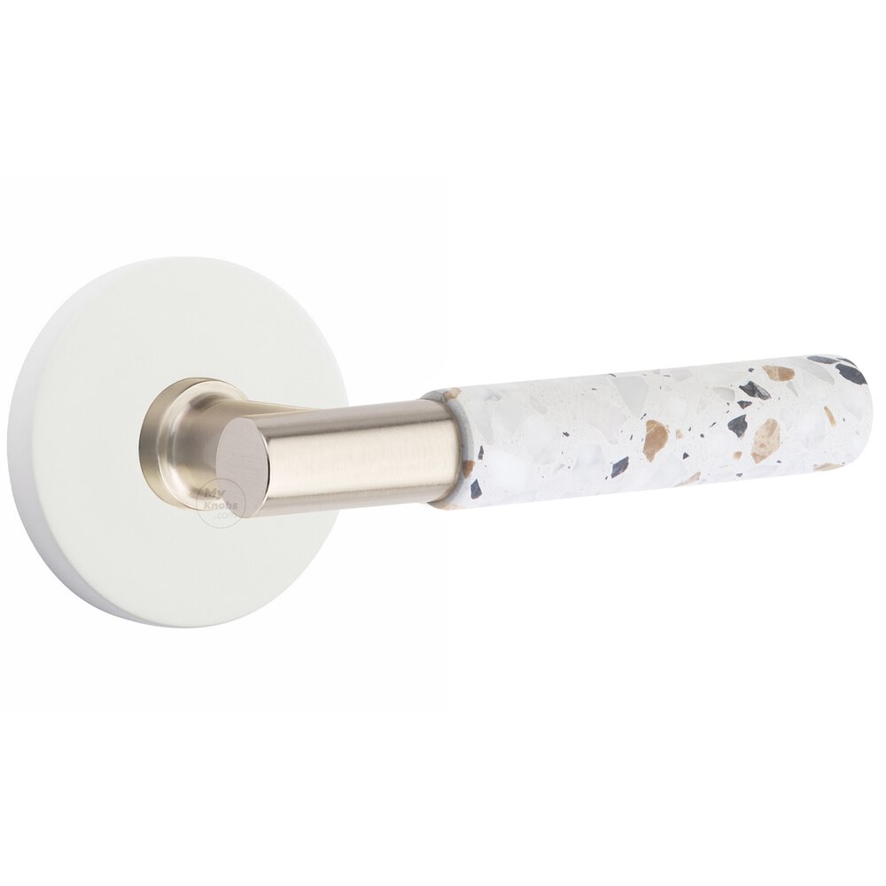 Concealed Passage Disk Rosette in Matte White and T-Bar in Satin Nickel Stem with Reversible Handed Light Terrazzo Lever