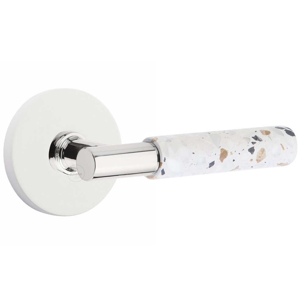 Concealed Passage Disk Rosette in Matte White and T-Bar in Polished Chrome Stem with Reversible Handed Light Terrazzo Lever