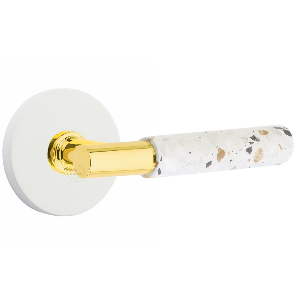 Concealed Passage Disk Rosette in Matte White and T-Bar in Unlacquered Brass Stem with Reversible Handed Light Terrazzo Lever