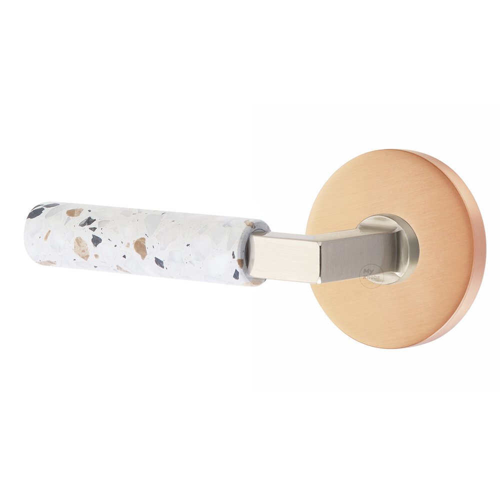 Passage Disk Rosette in Satin Rose Gold and L-Square in Satin Nickel Stem with Left Handed Light Terrazzo Lever