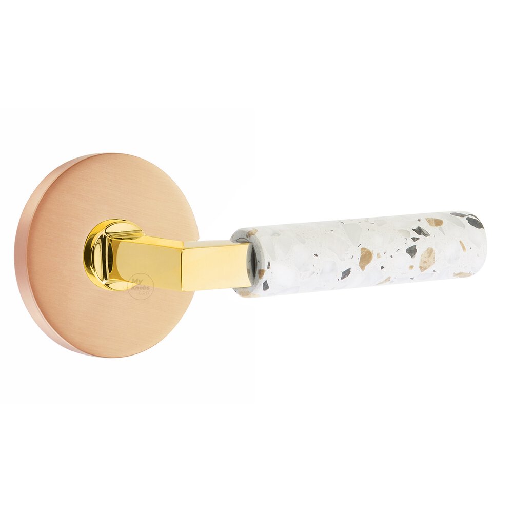 Privacy Disk Rosette in Satin Rose Gold and L-Square in Unlacquered Brass Stem with Right Handed Light Terrazzo Lever