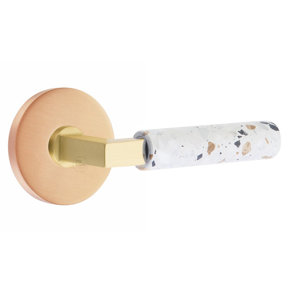 Privacy Disk Rosette in Satin Rose Gold and L-Square in Satin Brass Stem with Right Handed Light Terrazzo Lever
