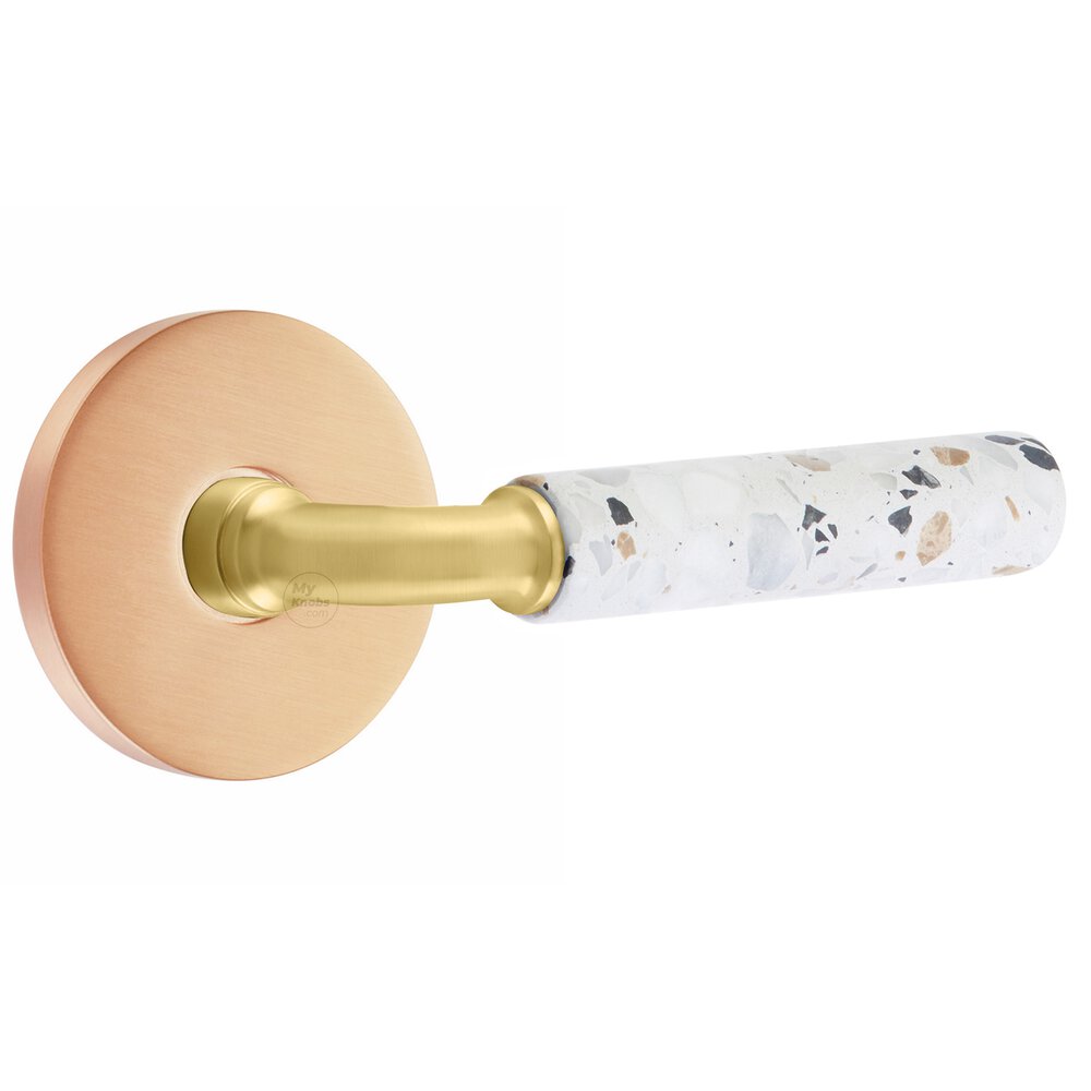 Passage Disk Rosette in Satin Rose Gold and R-Bar in Satin Brass Stem with Right Handed Light Terrazzo Lever