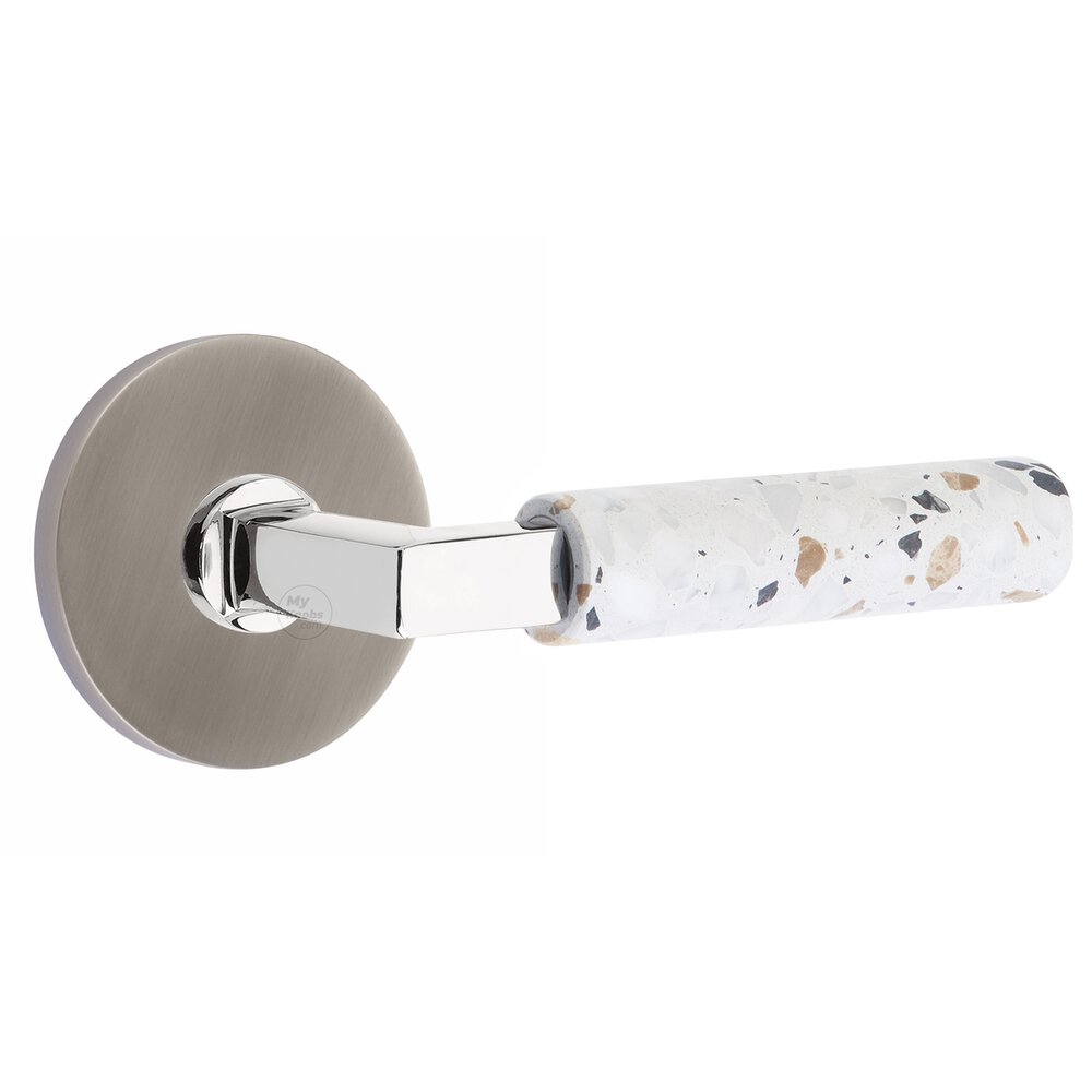 Concealed Privacy Disk Rosette in Pewter and L-Square in Polished Chrome Stem with Reversible Handed Light Terrazzo Lever