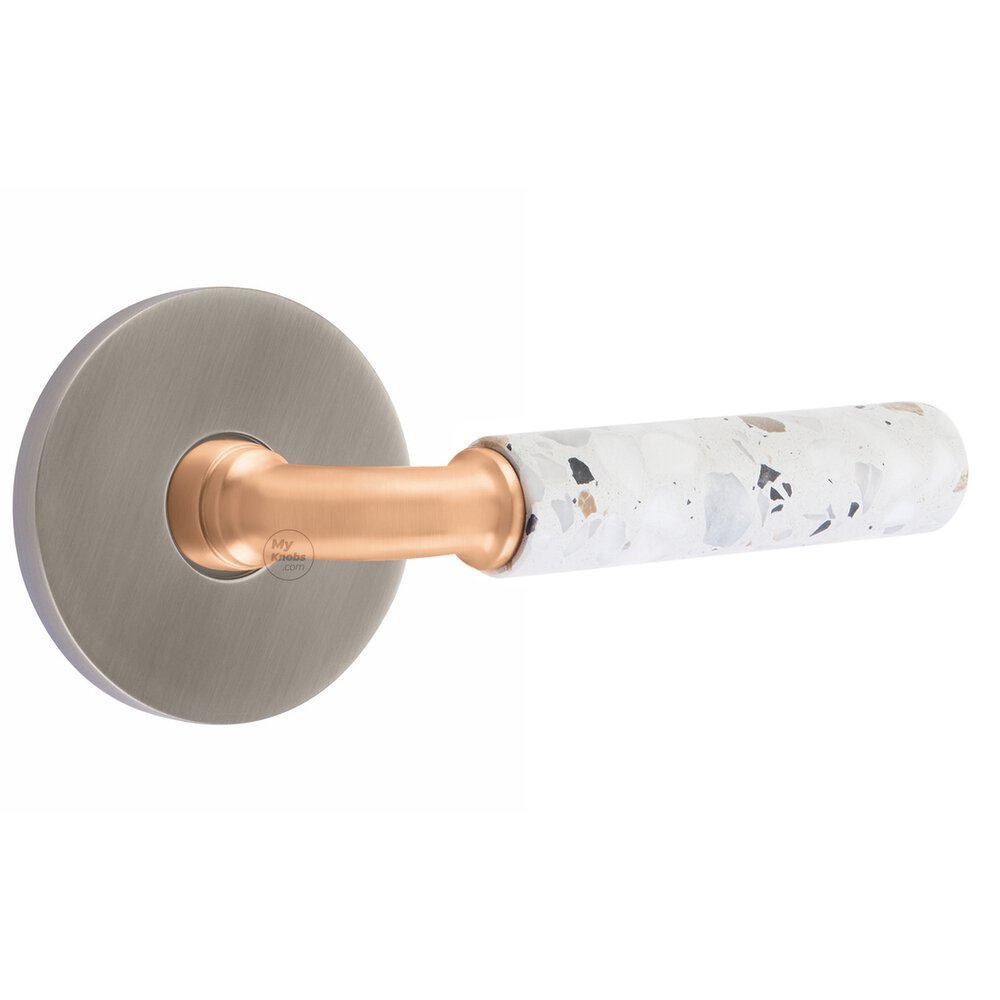 Concealed Privacy Disk Rosette in Pewter and R-Bar in Satin Rose Gold Stem with Reversible Handed Light Terrazzo Lever