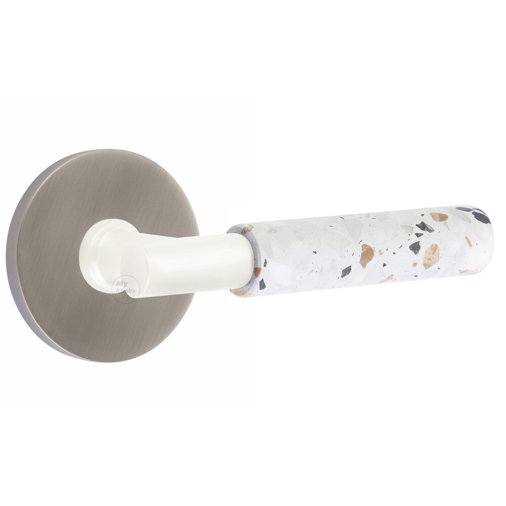 Concealed Passage Disk Rosette in Pewter and T-Bar in Matte White Stem with Reversible Handed Light Terrazzo Lever