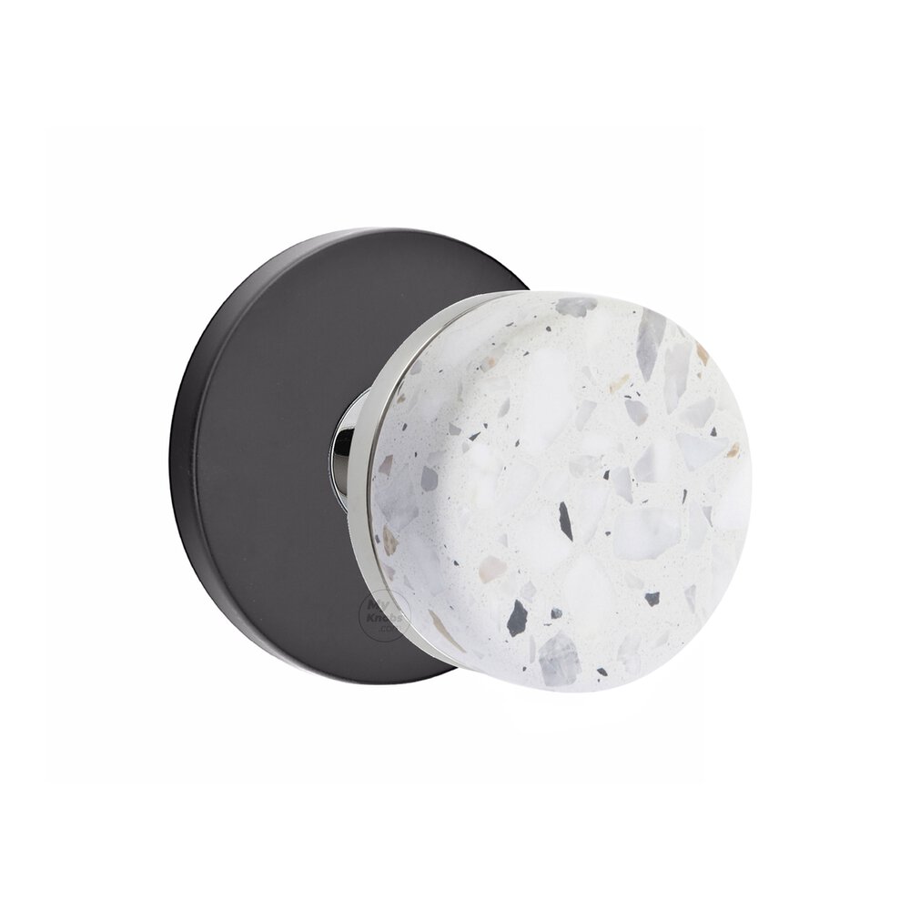 Concealed Privacy Disk Rosette in Flat Black and Conical in Polished Chrome Stem with Knob Handed Light Terrazzo Knob