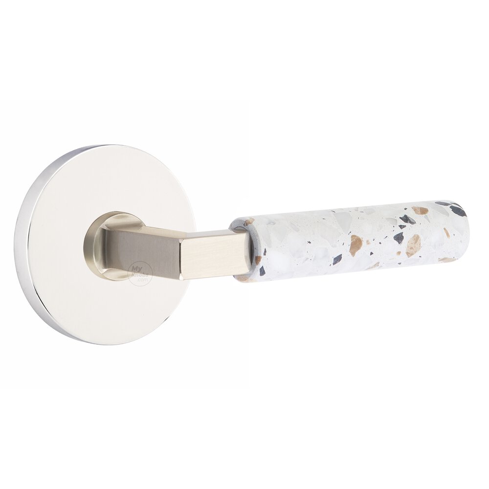 Concealed Privacy Disk Rosette in Polished Chrome and L-Square in Satin Nickel Stem with Reversible Handed Light Terrazzo Lever