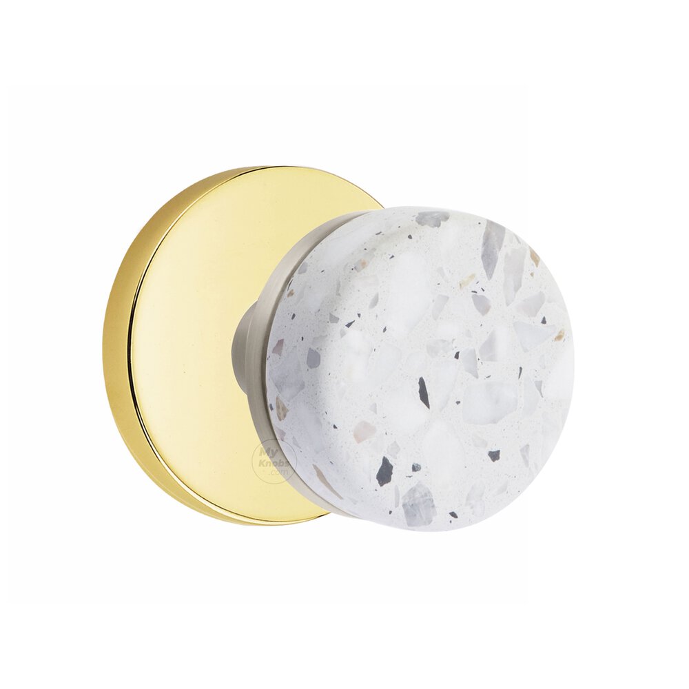 Privacy Disk Rosette in Unlacquered Brass and Conical Stem in Satin Nickel with Light Terrazzo Knob