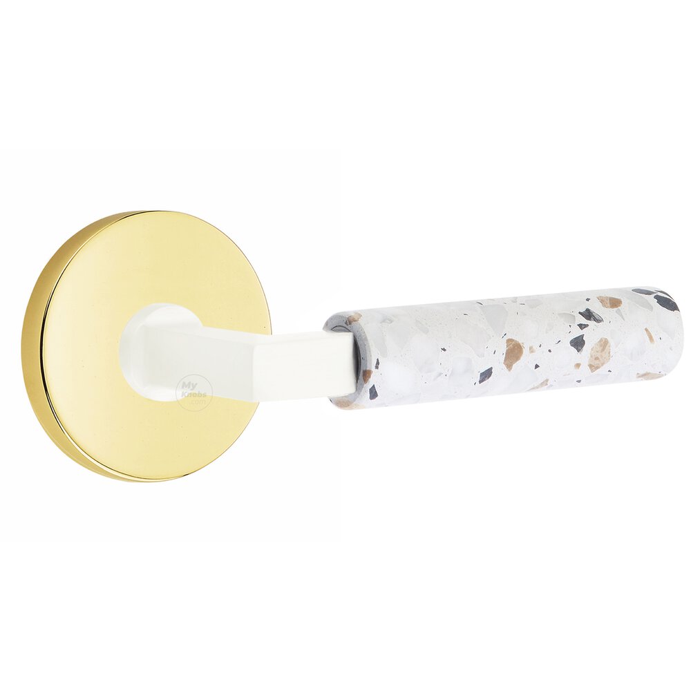 Concealed Privacy Disk Rosette in Unlacquered Brass and L-Square in Matte White Stem with Reversible Handed Light Terrazzo Lever