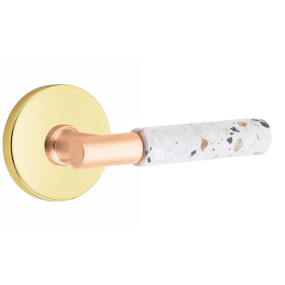 Passage Disk Rosette in Unlacquered Brass and T-Bar in Satin Rose Gold Stem with Right Handed Light Terrazzo Lever