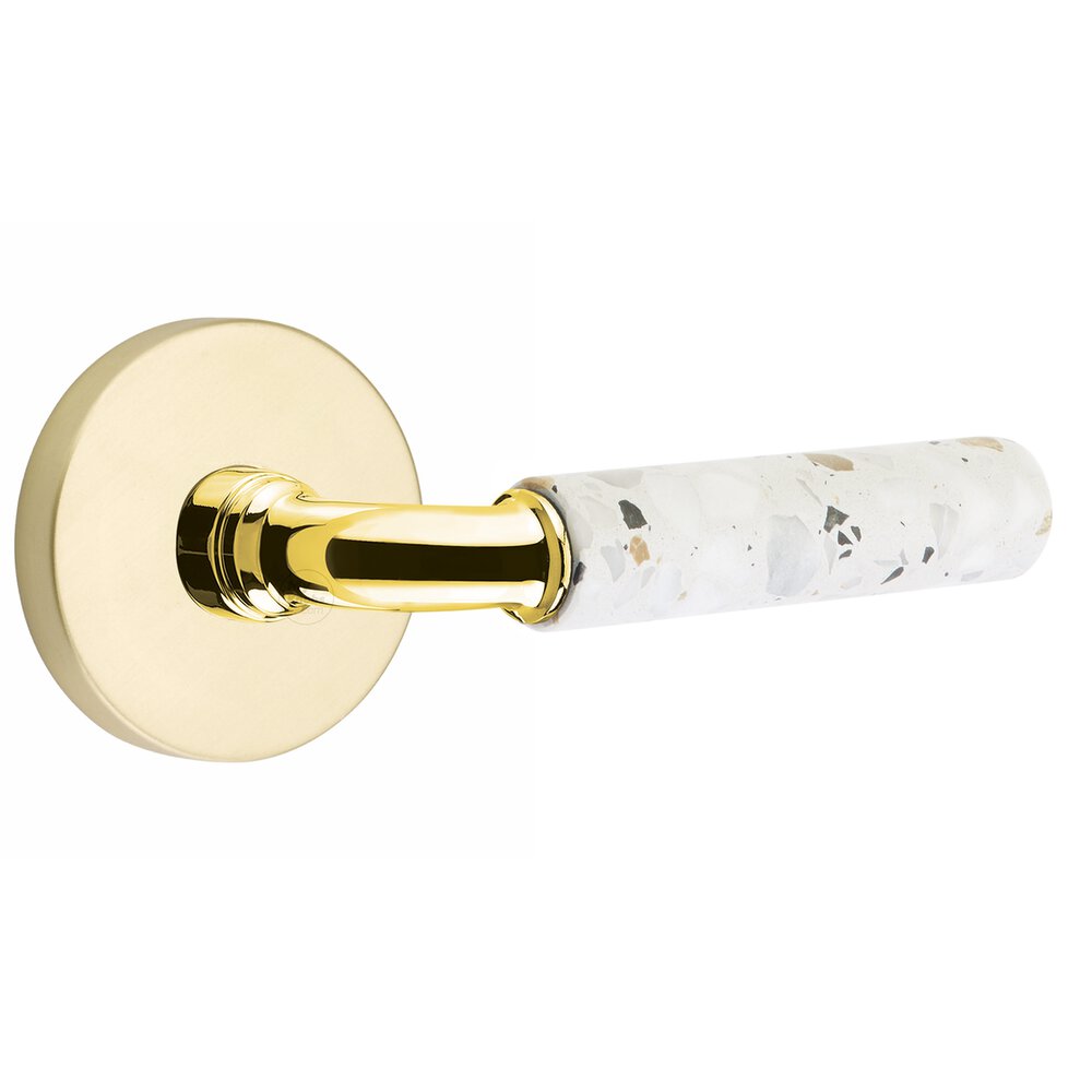 Privacy Disk Rosette in Satin Brass and R-Bar in Unlacquered Brass Stem with Right Handed Light Terrazzo Lever