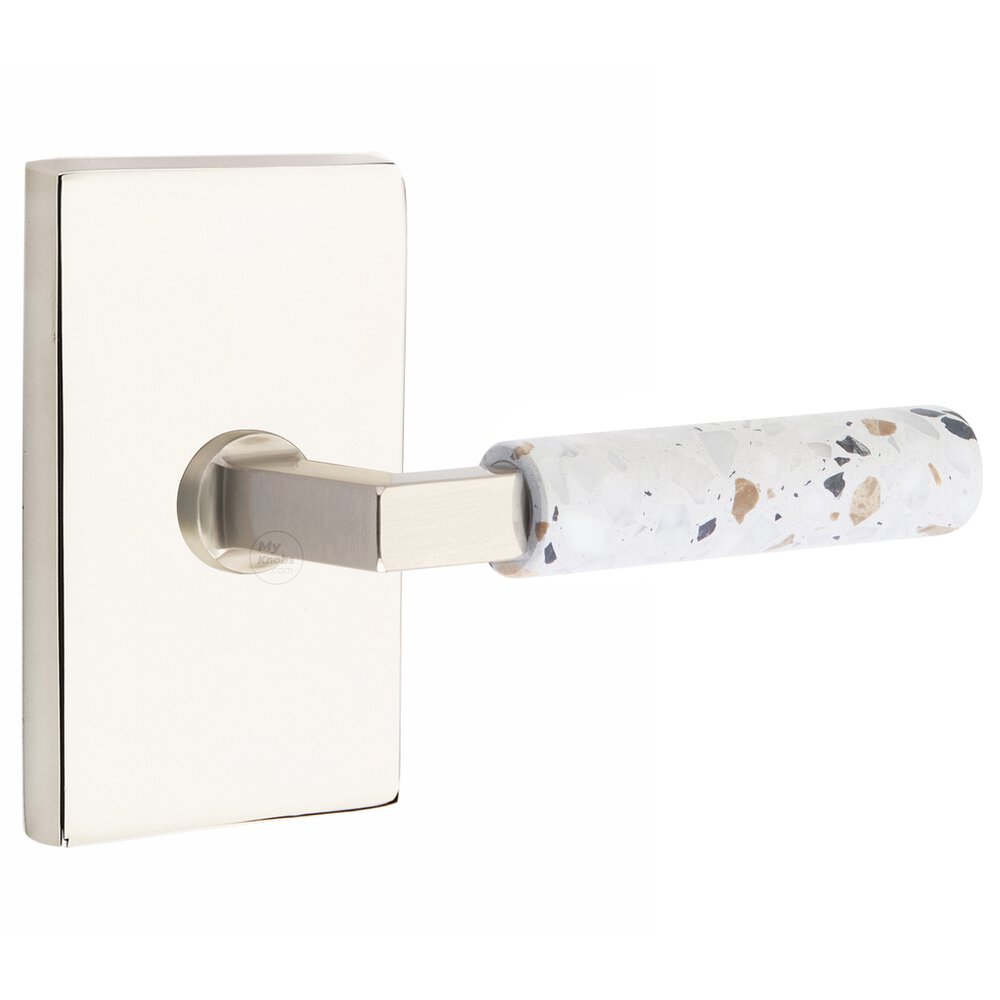 Concealed Privacy Modern Rectangular Rosette in Polished Nickel and L-Square in Satin Nickel Stem with Reversible Handed Light Terrazzo Lever