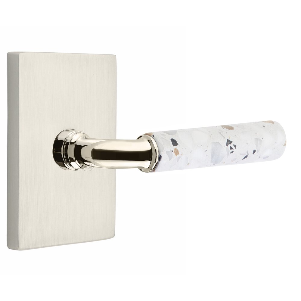 Concealed Privacy Modern Rectangular Rosette in Satin Nickel and R-Bar in Polished Nickel Stem with Reversible Handed Light Terrazzo Lever