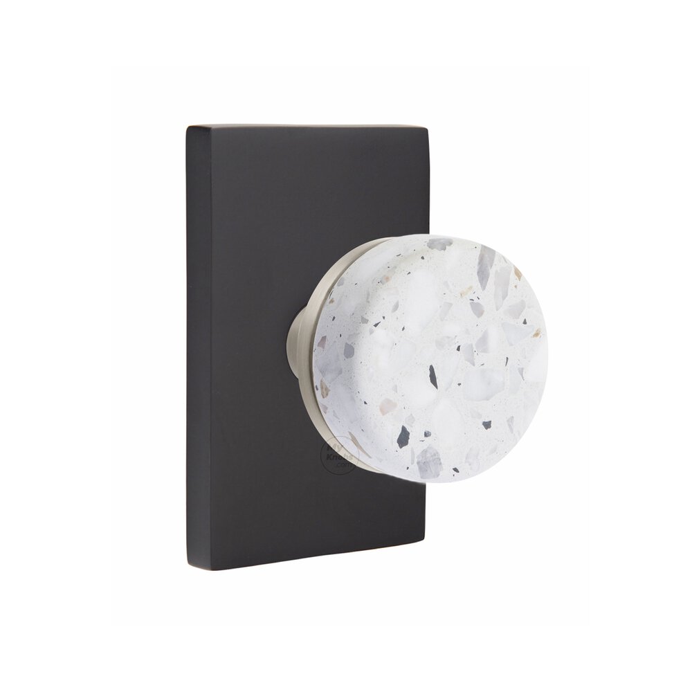 Concealed Privacy Modern Rectangular Rosette in Flat Black and Conical in Satin Nickel Stem with Knob Handed Light Terrazzo Knob