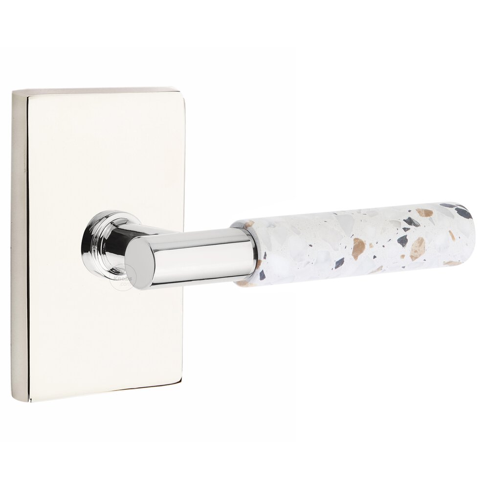 Single Dummy Modern Rectangular Rosette in Polished Nickel and T-Bar in Polished Chrome Stem with Reversible Handed Light Terrazzo Lever