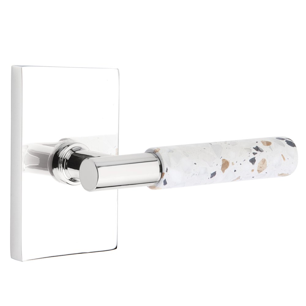 Single Dummy Modern Rectangular Rosette in Polished Chrome and T-Bar in Polished Chrome Stem with Reversible Handed Light Terrazzo Lever