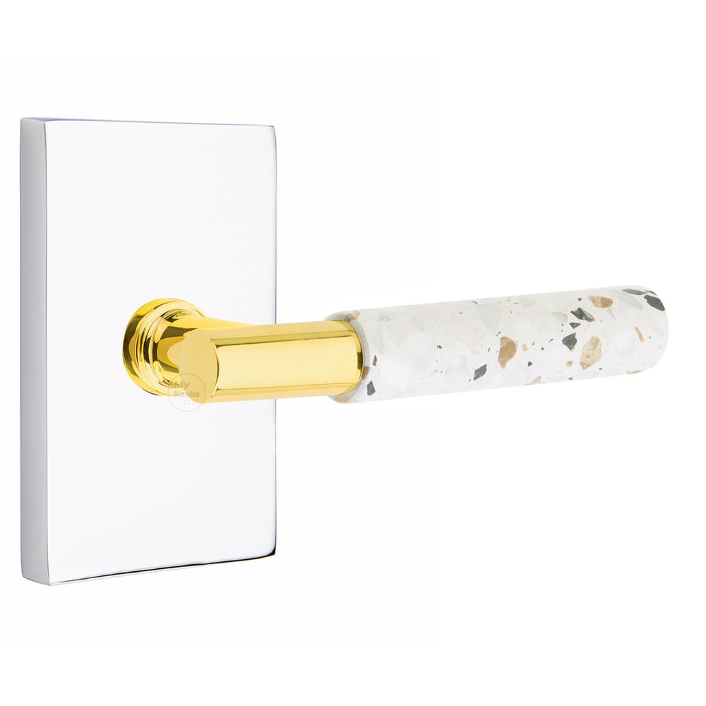 Concealed Privacy Modern Rectangular Rosette in Polished Chrome and T-Bar in Unlacquered Brass Stem with Reversible Handed Light Terrazzo Lever