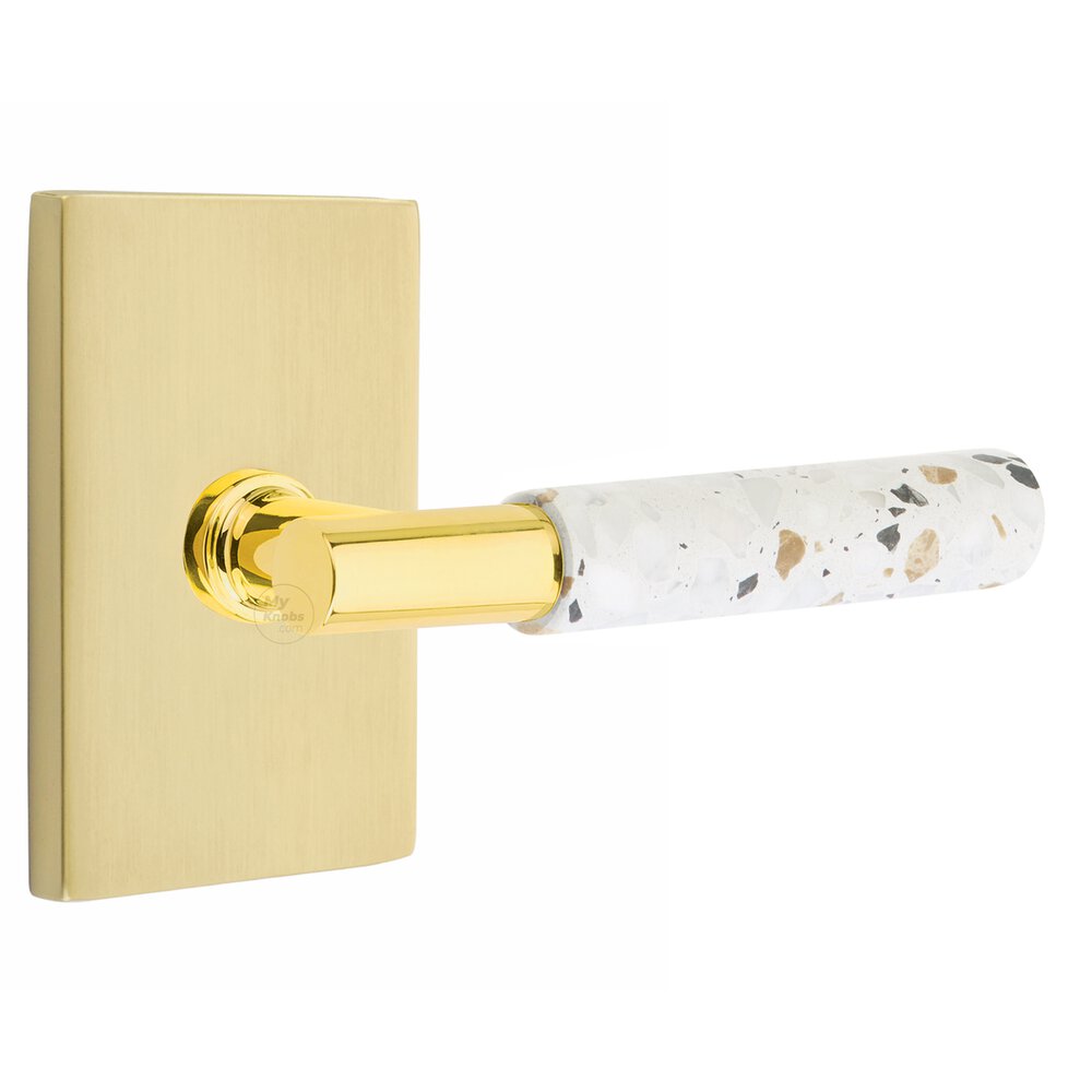 Privacy Modern Rectangular Rosette in Satin Brass and T-Bar in Unlacquered Brass Stem with Right Handed Light Terrazzo Lever