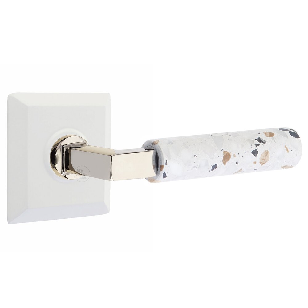 Passage Quincy Rosette in Matte White and L-Square in Polished Nickel Stem with Right Handed Light Terrazzo Lever