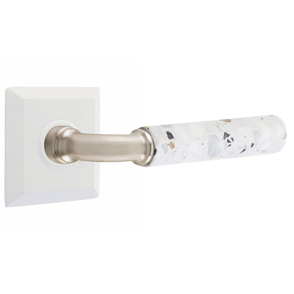 Passage Quincy Rosette in Matte White and R-Bar in Satin Nickel Stem with Right Handed Light Terrazzo Lever