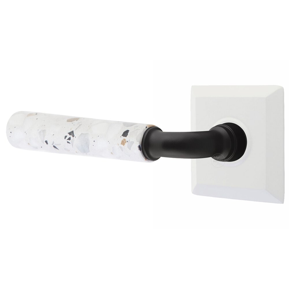 Privacy Quincy Rosette in Matte White and R-Bar in Flat Black Stem with Left Handed Light Terrazzo Lever