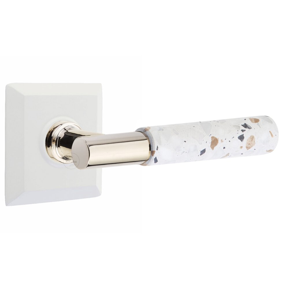 Single Dummy Quincy Rosette in Matte White and T-Bar in Polished Nickel Stem with Reversible Handed Light Terrazzo Lever