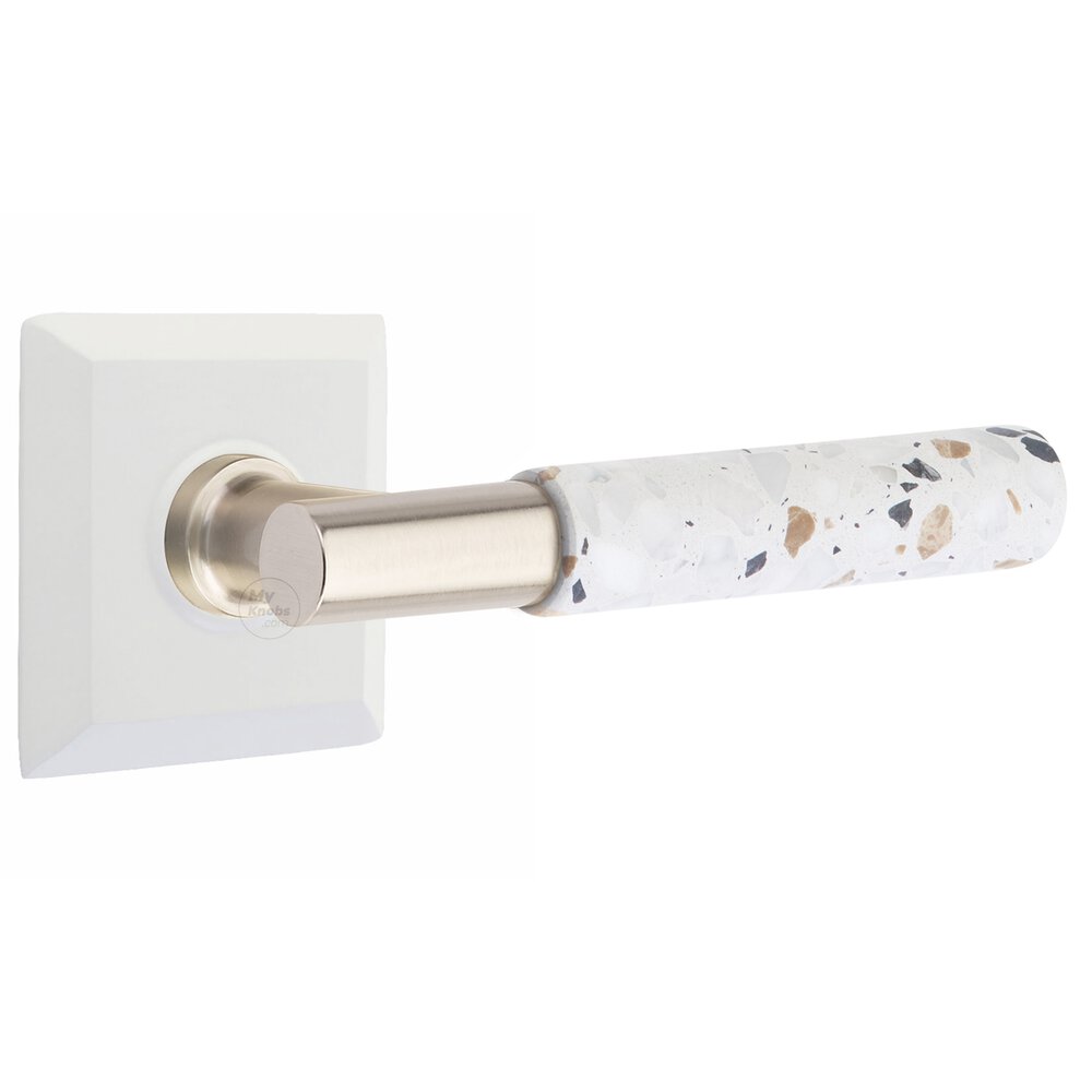 Privacy Quincy Rosette in Matte White and T-Bar in Satin Nickel Stem with Right Handed Light Terrazzo Lever